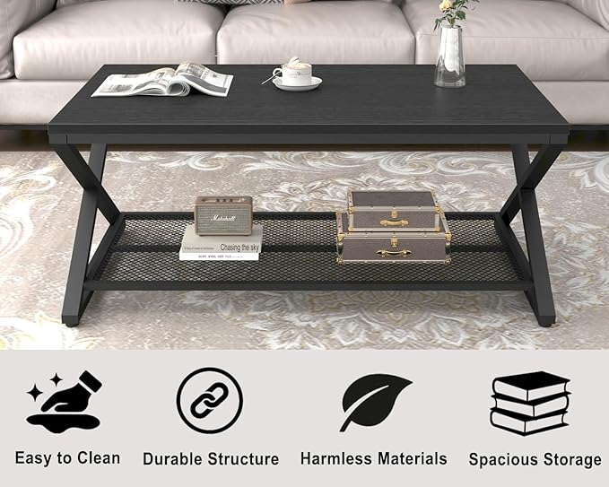 LVB Black Coffee Table, Metal Wood 2 Tier Center Tables - Image 5