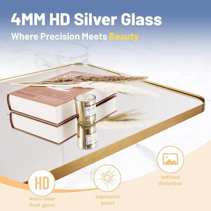 22x30 Inch Brushed Gold Mirror for Bathroom, Rounded Rectangle Mirrors Wall - Image 3
