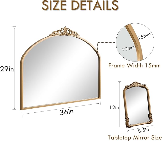 1 Set Vintage Mirror 36x29 Gold Antique Baroque Arched Ornate Traditional Brass - Image 3