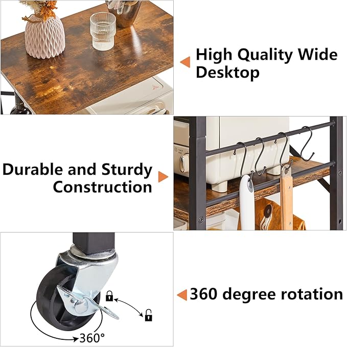 IBUYKE Kitchen Shelf Cart, 3-Tier Microwave Oven Stand, Baker’s Rack - Image 2