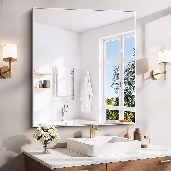 YIROMAN Bathroom Mirror 36"x40", Large Brushed Silver Bathroom Mirror by Unknown