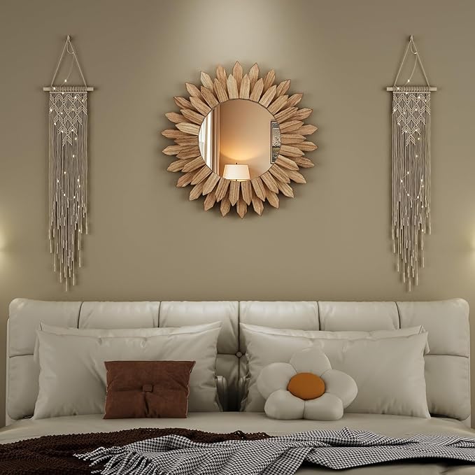 20 Inch Brown Boho Wall Decor Sunburst Mirror - Image 8