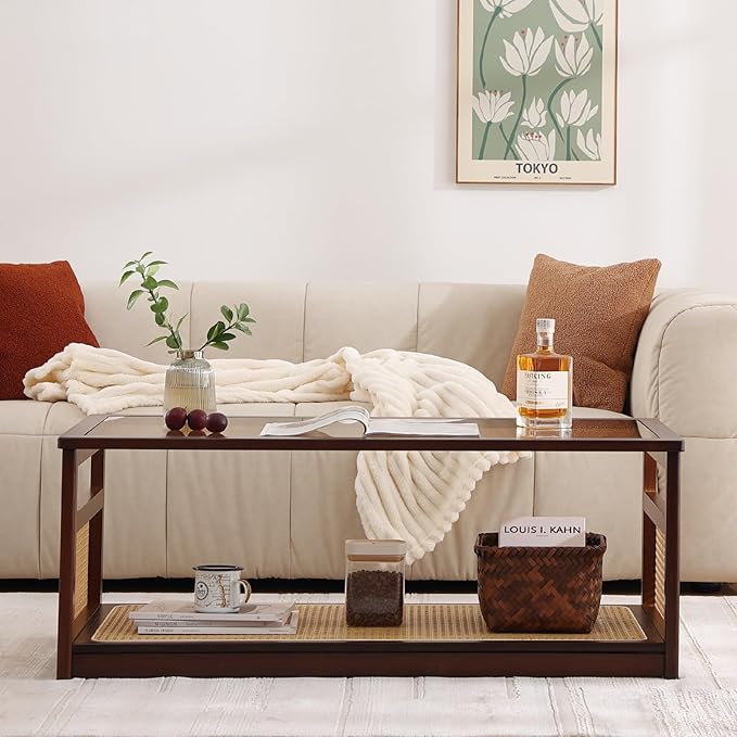 Welnow Rattan Coffee Tables for Living Room, Modern 2-Tier Coffee Table - Image 9