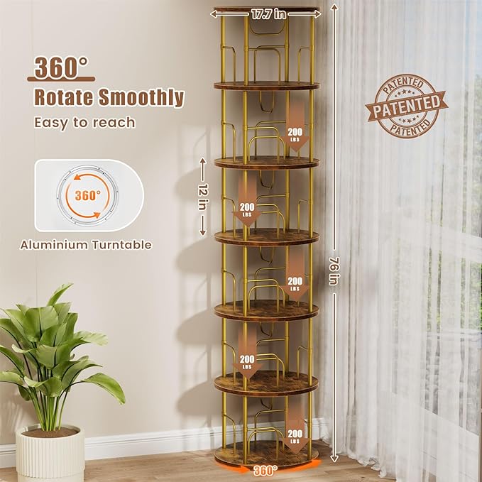 6 Tier Rotating Bookshelf, 360 ° Display Stackable Spinning Bookshelf Tower - Image 2