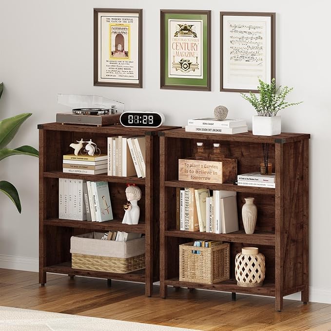 BON AUGURE Rustic Short Bookshelf, 3 Shelf Bookcase, Small Wood Low Book - Image 8