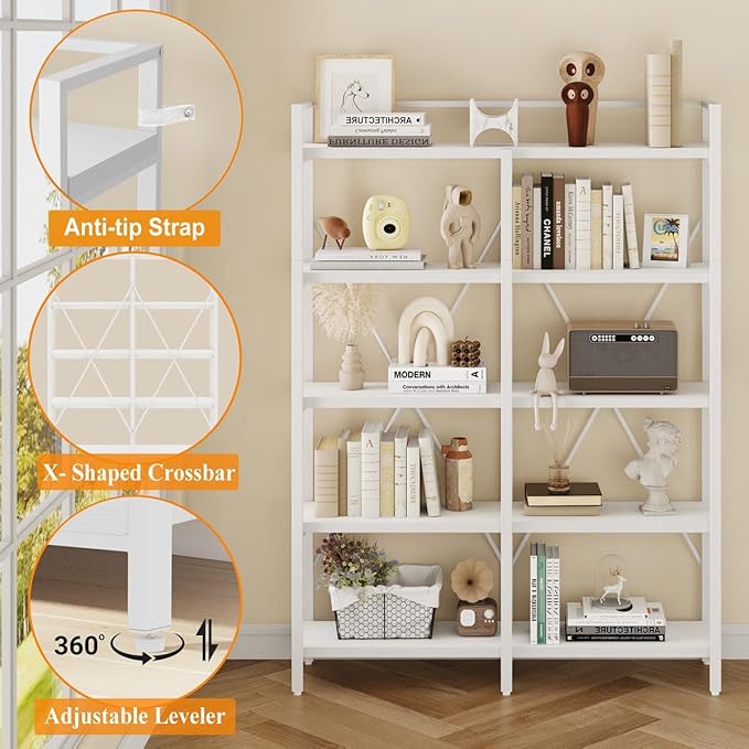 FATORRI Bookshelves and Bookcases, 5 Tier Tall Wood Metal Bookshelf, 51in Wide - Image 5