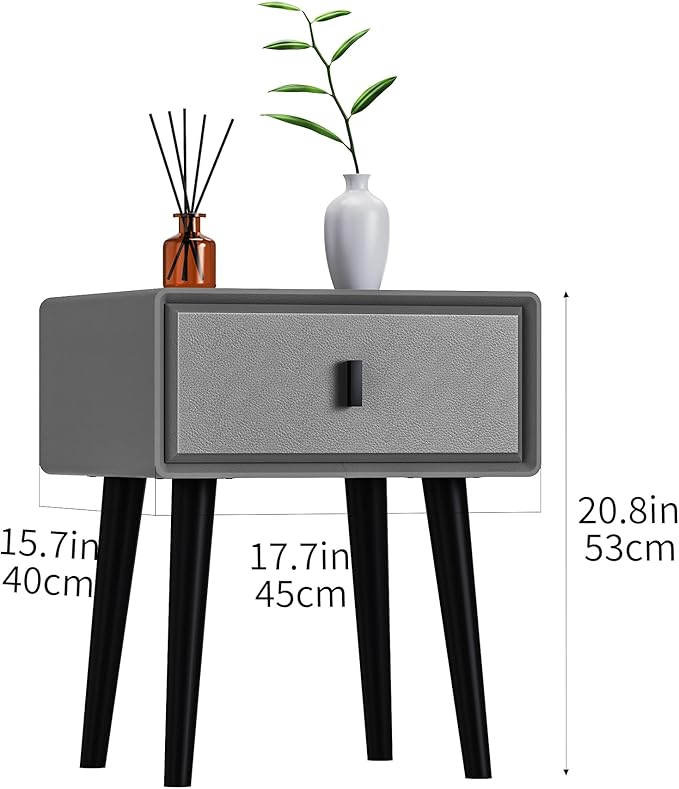 VICITON Modern Faux Leather Nightstand, Solid Wood Drawer, - Image 3