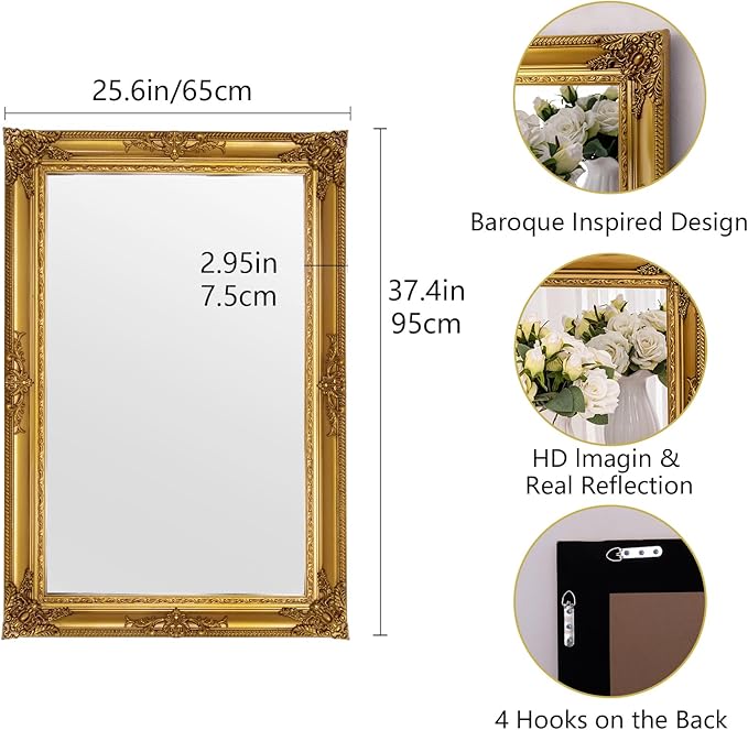 Large Antique Wall Decorative Mirror, 29.5" x 41" Gold Traditional Baroque - Image 6