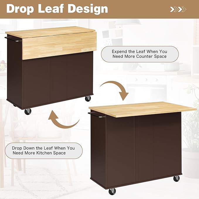Shintenchi Kitchen Island with Folding Drop Leaf, Rolling Island Table with - Image 3