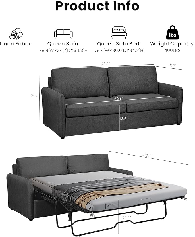 Queen Size Pull Out Sofa Bed, Convertible Sleeper Sofa Couch - Image 9