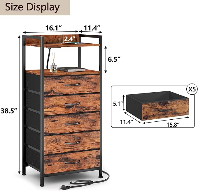 Furnulem 5 Drawer Dresser for Bedroom, Tall Nightstand - Image 3
