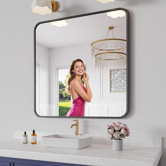 Koonmi Bathroom Mirror, 36X36 Inch Black Metal Framed Mirror by KOONMI
