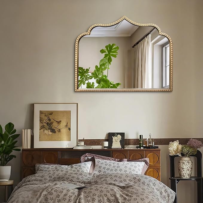 Gold Arched Mirror, Metal Beaded Frame Ornate Decorative Mirror, Scalloped - Image 9