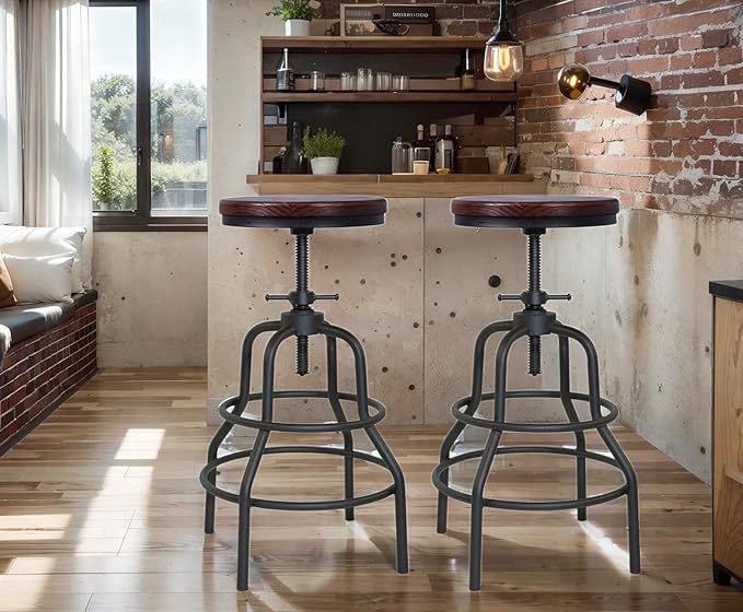 LOKKHAN Vintage Industrial Bar Stool-Rustic Swivel Bar Stool-Round Walnut Wood - Image 8