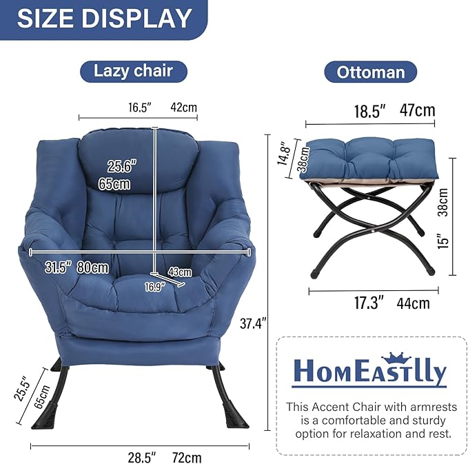 Large Lazy Chair with Ottoman, Accent Reading Chair with a Footrest, Cozy - Image 2