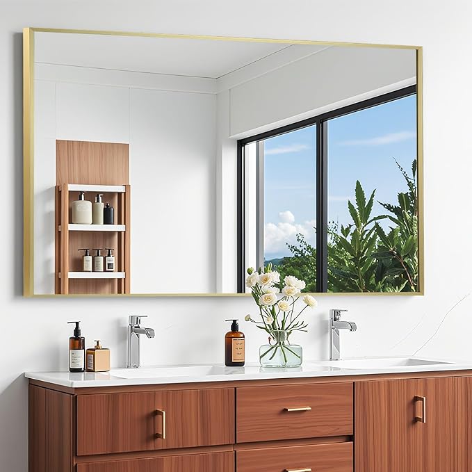 Gold Bathroom Mirror, Brushed Gold Mirror, Metal Frame Square Corner Vanity by JENBELY