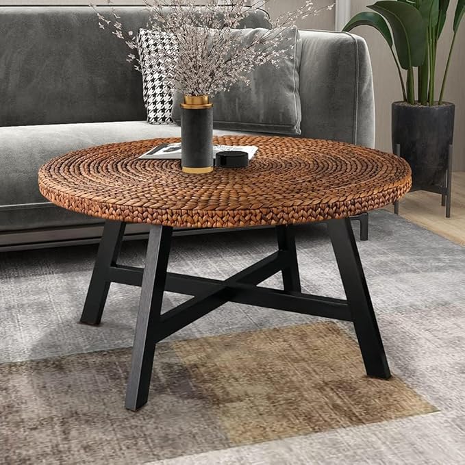 RANDEFURN Round Coffee Table, Seagrass Coffee Solid Pine Wood X Base Frame by Unknown