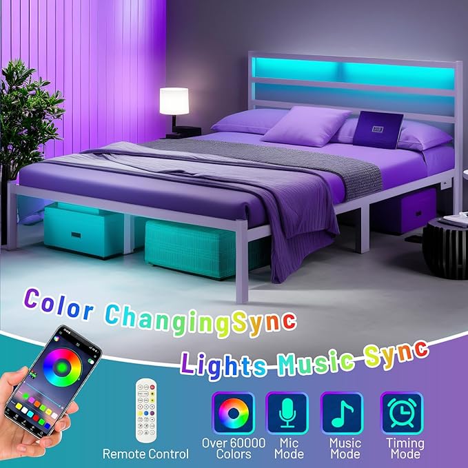 Queen Bed Frame with Headboard, Heavy Duty Steel Slats Support-LED Bed Frame - Image 3