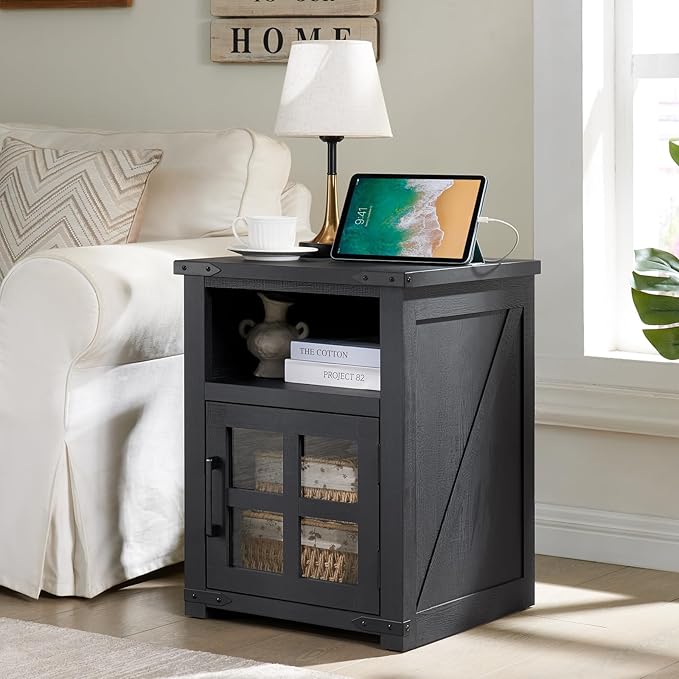 Farmhouse Nightstand with Charging Station, Rustic End Table with Tempered - Image 3