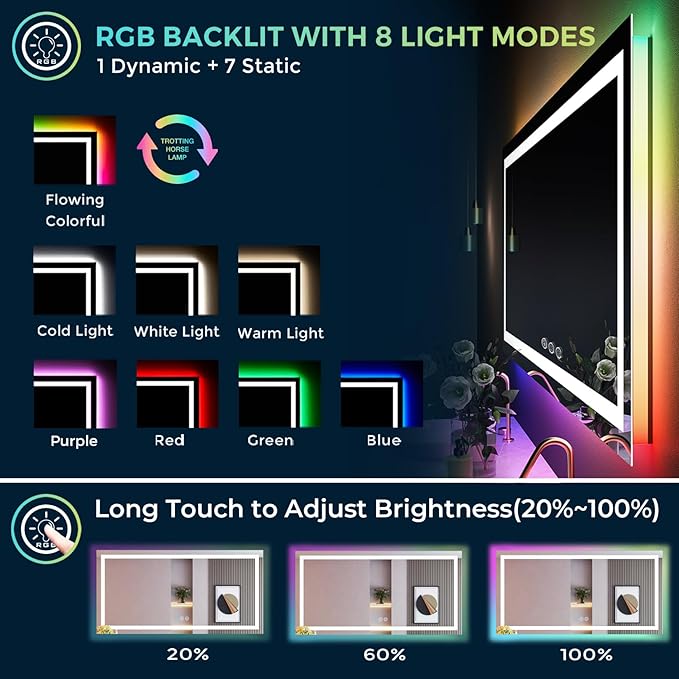 60x36 Inch RGB LED Bathroom Mirror Front Light and RGB Backlit Lighted Vanity - Image 3