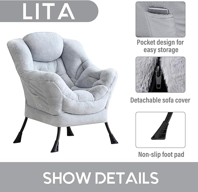 LITA Lazy Chair with Ottoman, Modern Accent Leisure Upholstered Sofa, - Image 4