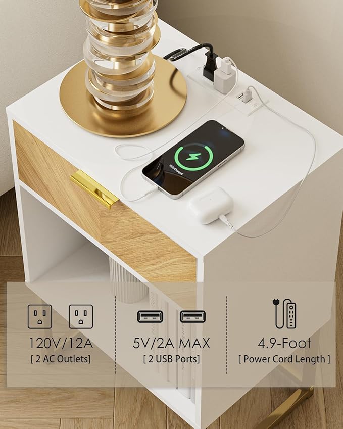Nightstand with Charging Station, Boho Night Stand Wood Farmhouse Bedside Table - Image 3