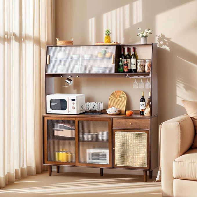Tiita Kitchen Hutch with Countertop, 69” Rattan Solid Wood Pantry Cabinet with by TiitaHome