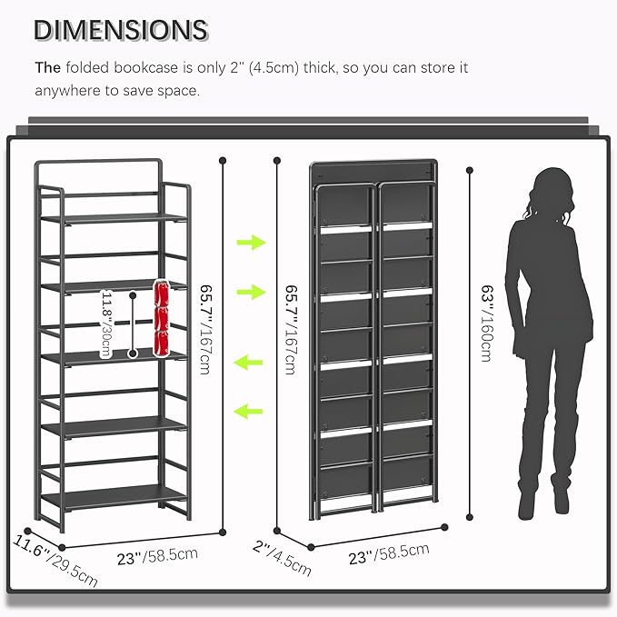 4NM No-Assembly 5 Tiers Folding Bookshelf Storage Shelves Vintage Bookcase - Image 2