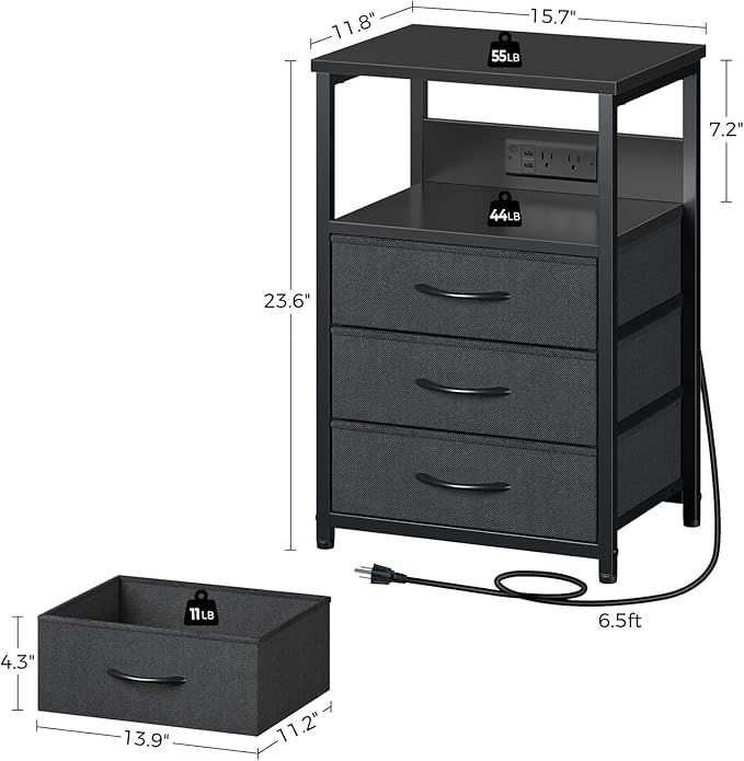 Seventable Nightstand with Charging Station and LED Light, Bedside End Table - Image 3