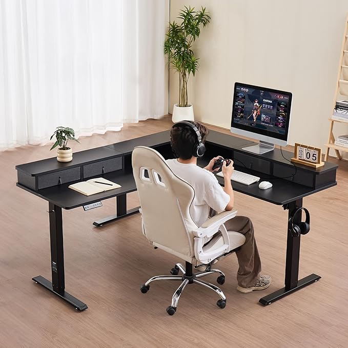 VEVOR 63'' Electric L Shaped Standing Desk, 3 Memory Height, 2-Tier Corner Table - Image 2