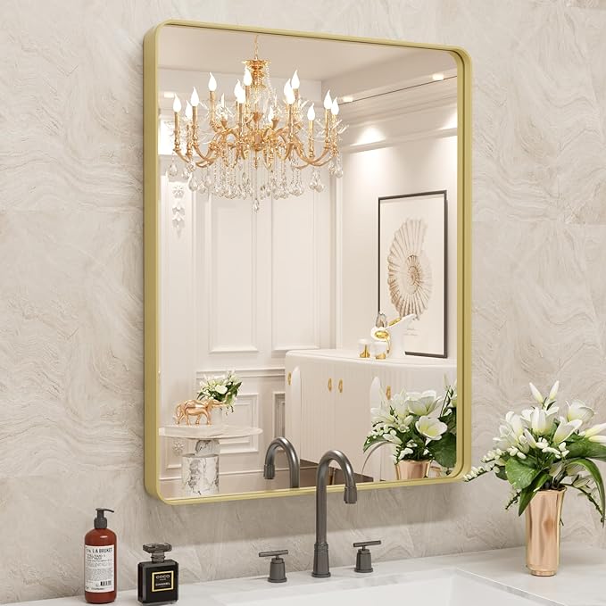 WEER Gold Bathroom Mirror, 24X36 Inch Brushed Gold Metal Frame Mirror, Rounded by WEER