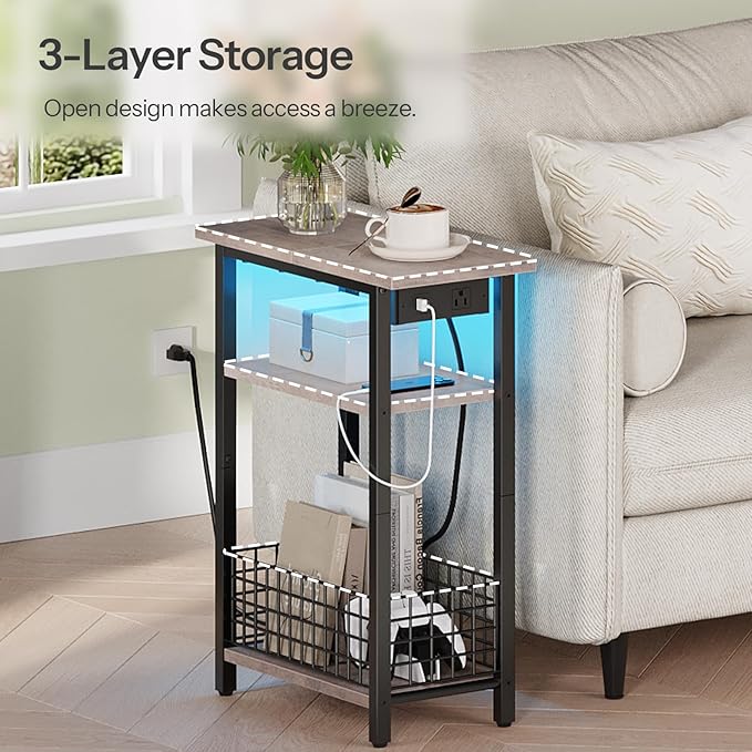 HOOBRO Narrow Side Table with Charging Station and LED Light, Small End Table - Image 8