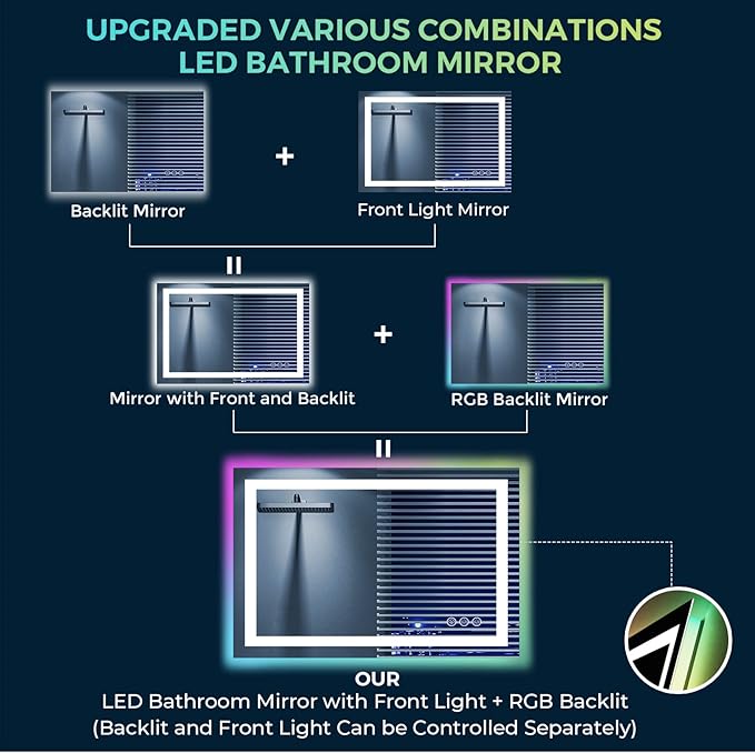 24x36 Inch RGB LED Bathroom Mirror Front Light and RGB Backlit Lighted Vanity - Image 8