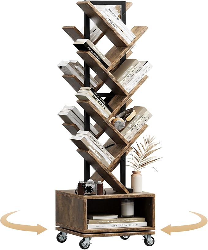 49" Rotating Tree Bookshelf, 7 Tier Double Sided Shelf, Wood Corner Bookshelf by WelcometoIABIFO