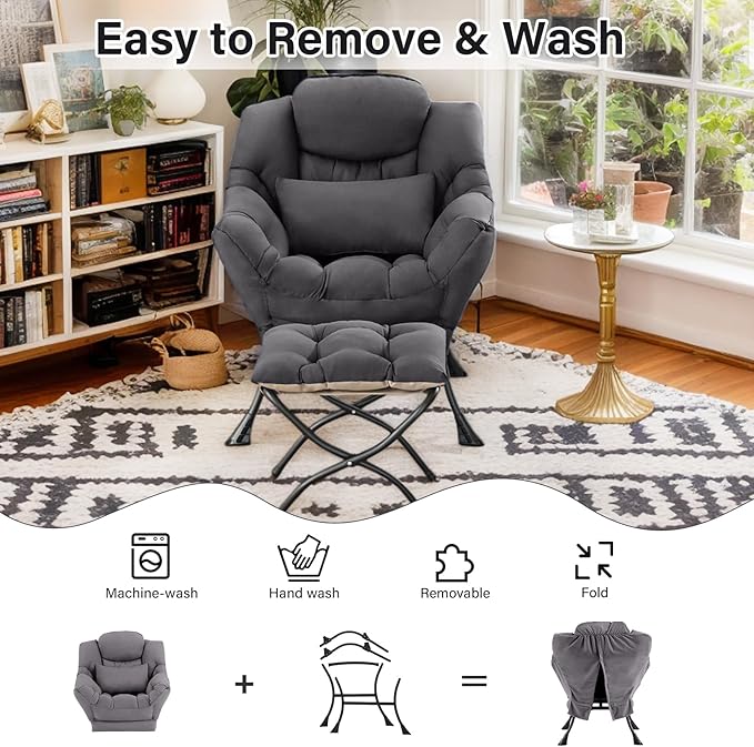Lazy Chair with Ottoman, Comfy Fabric Accent Lounge Arm Chair with Lumbar - Image 8