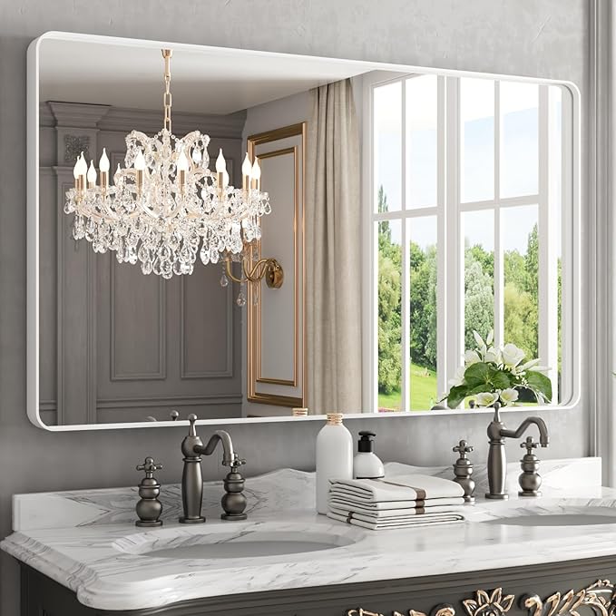 WEER White Bathroom Mirror 50X30 Inch, Rounded Rectangle White Metal Frame by WEER