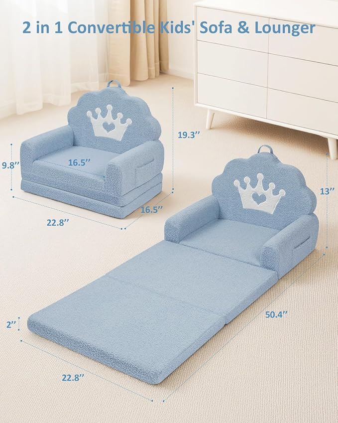 2-in-1 Kids Couch Fold Out, Soft Teddy Sherpa Toddler Couch - Image 3