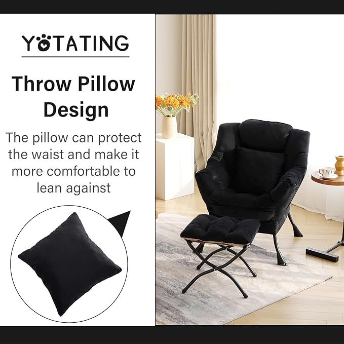 Lazy Chair with Ottoman, Comfy Reading Lounge Chair with Footstool & Throw - Image 9