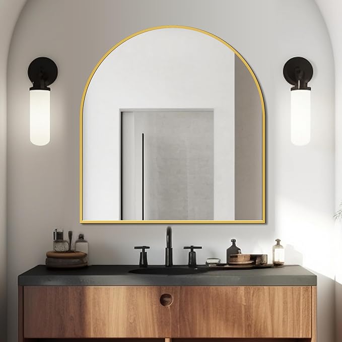 FICTOR Bathroom Vanity Mirror for Wall, 32”x30” Arched Metal Framed Bathroom - Image 3
