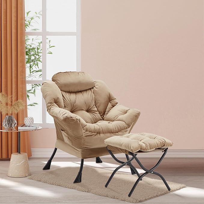 Lazy Chair with Folding Ottoman, Accent Chair Velvet Upholstered with Metal - Image 2