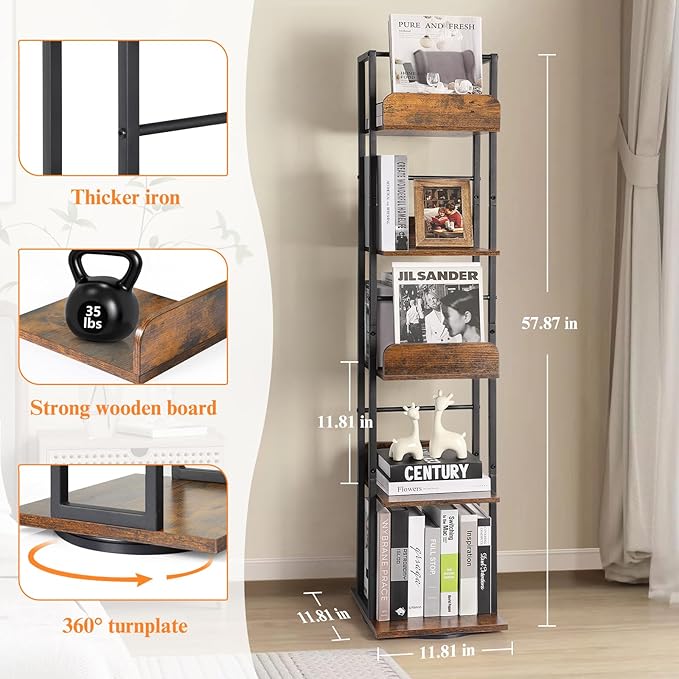Bikoney Rotating Bookshelf, 360 Display Spinning Bookshelf Tower, 5-Tier Narrow - Image 3