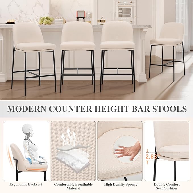 COLAMY Counter Height Bar Stools Set of 4, 25 Inch Modern Fabric Kitchen Island - Image 4