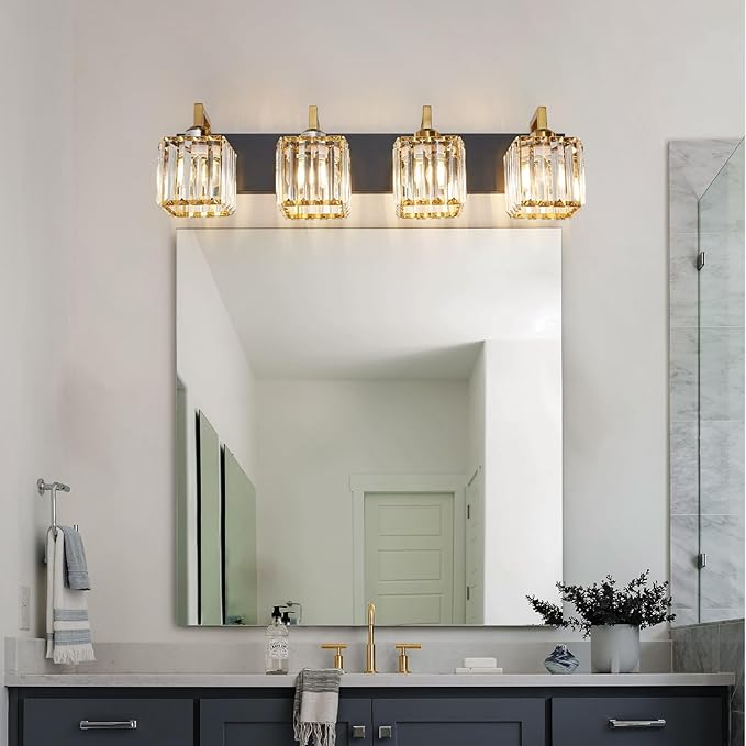 Modern Bathroom Vanity Light 4-Lights Black Gold Crystal Wall Lamp Bathroom - Image 2