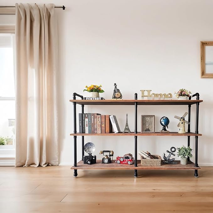 3 Tier Industrial Long Bookshelf, Entryway Industrial Metal Bookcase - Image 3