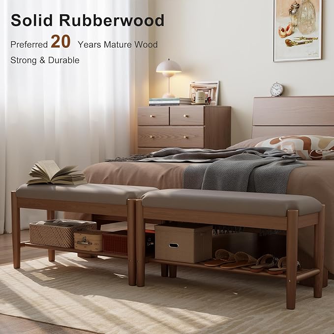 Shoe Bench Entryway with Cushion, Solid Wood Bench with Shoe Storage, 2-Tier - Image 5
