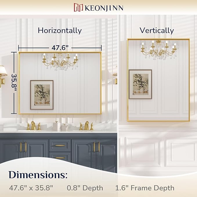 Keonjinn Gold Bathroom Mirror 48” x 36” Brushed Gold Metal Framed Mirror - Image 9