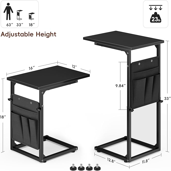 VAGUSICC C Shaped End Table, Adjustable Height Sofa Table Small Couch Side - Image 2