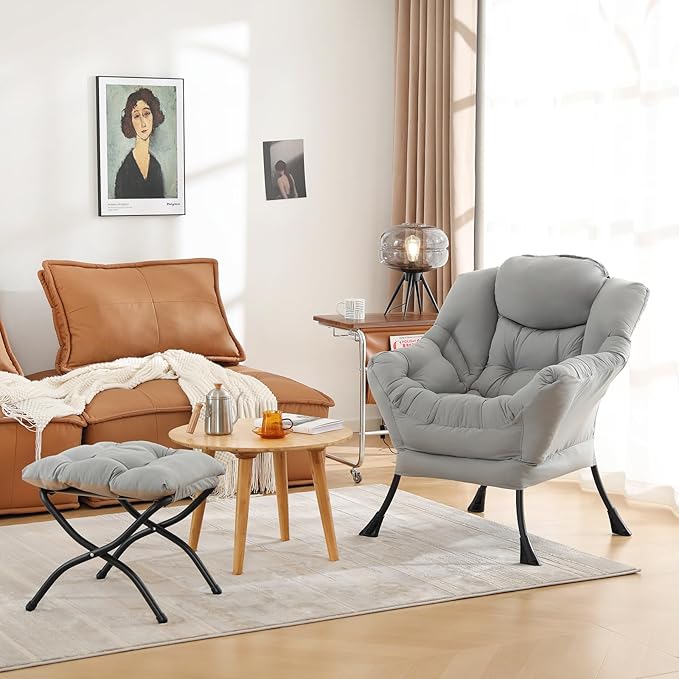 Cozy Lazy Chair and Ottoman, Large Contemporary Accent Lounge Chair Set - Image 2