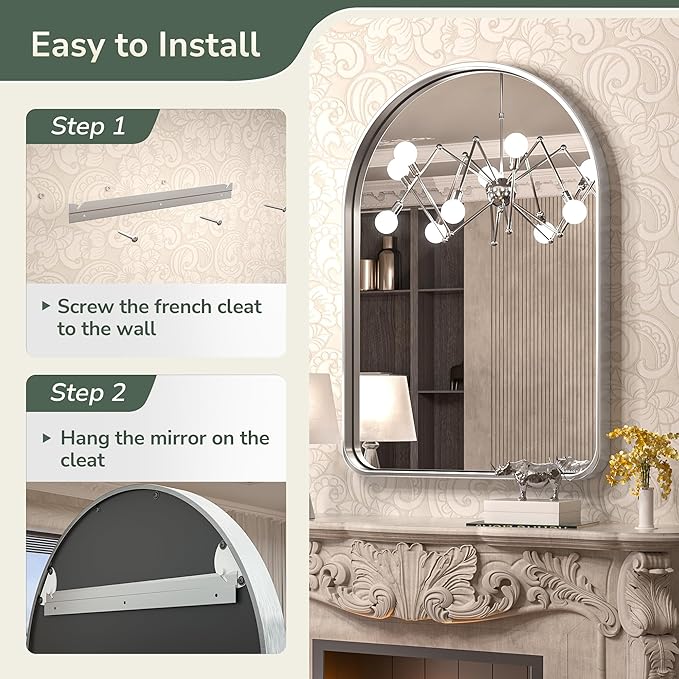 TokeShimi Arched Brushed Silver Bathroom Mirror 26x38 Inch - Image 6