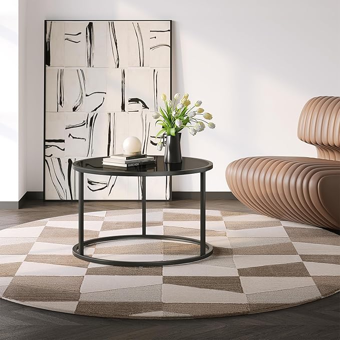 SAYGOER Black Glass Coffee Table Small Round Coffee Tables 27.6In Modern - Image 7